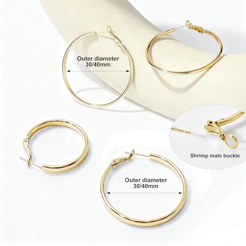 4 Pairs Silver Gold Hoop Earrings for Women | 14K Gold Plated Hoop Earrings Set Hypoallergenic Earring Lightweight Dangle Earrings Set - color: 4 Pairs Gold-(4mm Wide & Thin)