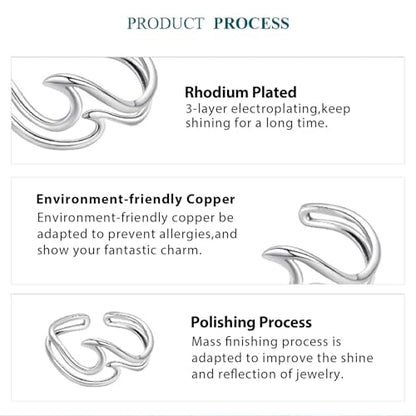 Silver Open Adjustable Stacking Rings for Women, Minimalist Wrap Band Set, Geometric/Heart/Wave/Leaf/Spiral Styles, Hypoallergenic, Gift Box Included, Thumb Ring Option - color: Wave