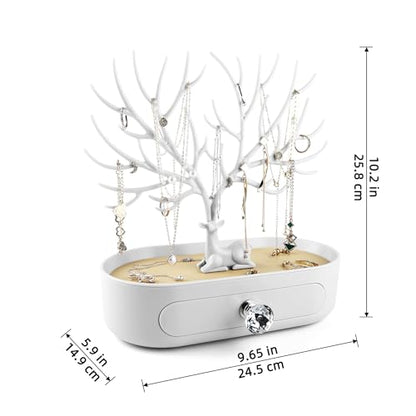 MORE&LESS Antlers Jewelry Display Stand with Drawer and Crystal Handle, Tree Tower Rack Hanging Organizer for Ring Earrings Necklace Bracelet - color: C White-Drawer-Crystal Handle