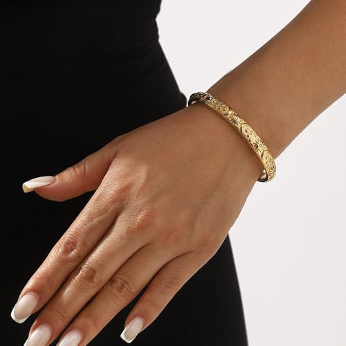 Embossed Moon Star Sun Bangle Cuff Bracelet for Women Fashion CZ Insected Celestial Open Adjustable Statement Bracelets Lightweight Boho Wrist Wrap Dress Accessories Jewelry Gift - color: Gold-Tone