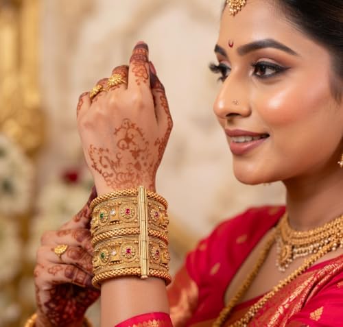 Efulgenz Indian Bridal Wedding Bollywood Big Broad Bracelet Bangle Set - color: Gold Multi, size: 2-8