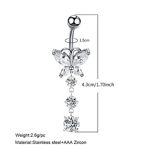 COLORFUL BLING 14G Dangle Butterfly Belly Button Rings,Stainless Steel Belly Rings,925 Sterling Silver CZ Opal Belly Body Piercing Jewelry for Women - color: C