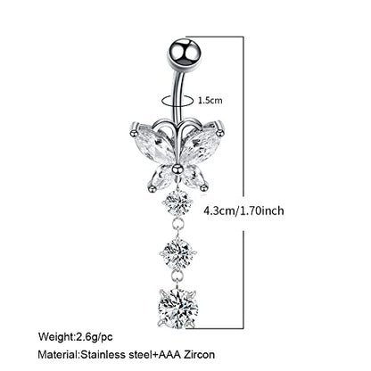 COLORFUL BLING 14G Dangle Butterfly Belly Button Rings,Stainless Steel Belly Rings,925 Sterling Silver CZ Opal Belly Body Piercing Jewelry for Women - color: C