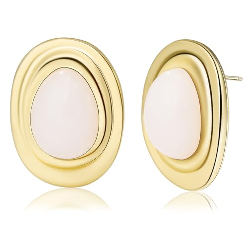 Resin Statement Chunky Gold Drop Earrings Big Vintage Colorful Oval Stud | Acrylic Teardrop Boho Hypoallergenic Jewelry Unique Everyday Funky Vacation Cool Large Oversized Bold Outfit for Women Trendy - color: White