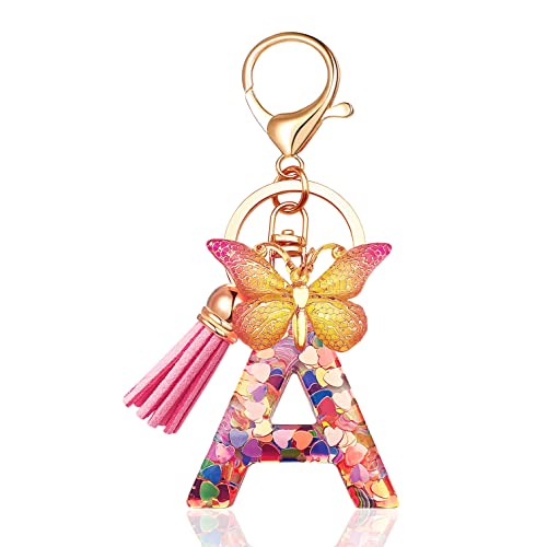 JINGUAZI Butterfly Initial Letter Keychain Bag Charms for Women | Cute pendant accessories for purses, handbags, backpacks, car keys, small gift for her young women, mothers, teachers - color: A-pink