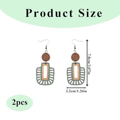 Bohemian Boho Olive Green Wooden Dangle Earrings for Women, Vintage Western Geometric Teardrop Style