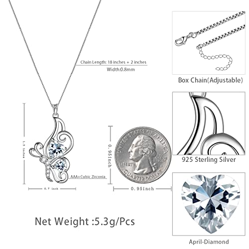 Butterfly Heart Necklace Birthstone Pendant Necklace Earrings Bracelet Women 925 Sterling Silver Animal Butterflies Birthstone Pendant Crystal Birthday Jewelry Wedding Gift - color: D.April-necklace