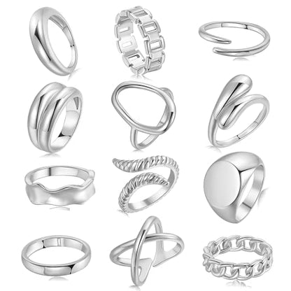 FAXHION 12PCS Gold Stackable Rings Set for Women, 18K Gold Plated Open Stacking Knuckle Ring, Adjustable Chunky Signet Band Statement Ring for Gift - color: 3-ringsSilver