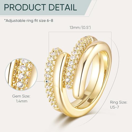 Stackable Gold Rings Set for Women - 14K Gold Plated Cubic Zirconia Adjustable Open Bands, Dainty Trendy Stacking Rings, Anniversary Christmas Birthday Jewelry Gift for Her