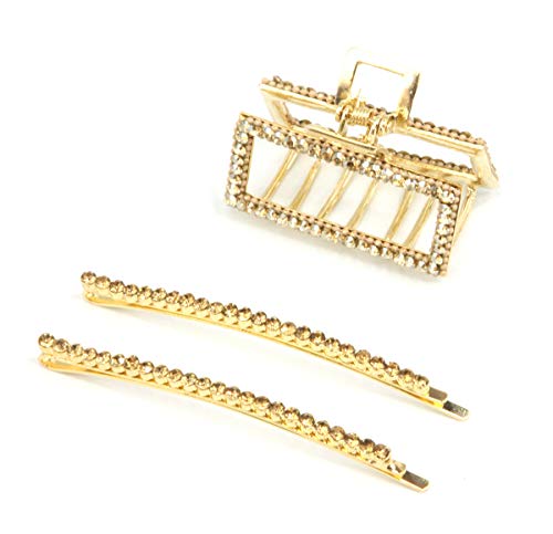 STARGAZER Hair Jaws Claw Clips – 3 Piece Set Rectangular Jaw and Bobby Pin Set Crystal Rhinestone Pearl Metal Decorative Hairpins Fashion Accessories for Women Girls SAM33-5746-6140C Gold - color: Bobby Pin & Rectangular Jaw Set-Gold