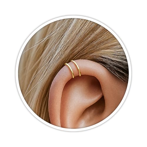 14K Gold Filled Ear Cuff – Tiny Non-Piercing Helix Hoop – Dainty Double Ear Wrap for Women – Hypoallergenic Cartilage Cuff