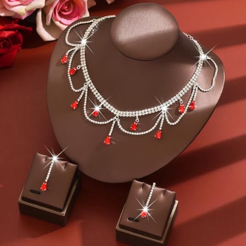 Rhinestones Necklace Earrings Set for Women Water Droplet Necklace Earrings Set Double Layer Gemstone Choker and Drop Earrings Cubic Zirconia Bridal Earrings Necklace Set Crystal Wedding Jewelry Sets - color: red