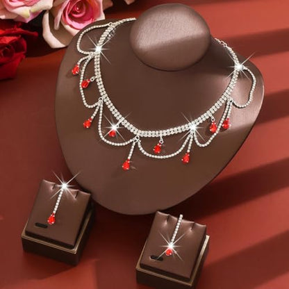 Rhinestones Necklace Earrings Set for Women Water Droplet Necklace Earrings Set Double Layer Gemstone Choker and Drop Earrings Cubic Zirconia Bridal Earrings Necklace Set Crystal Wedding Jewelry Sets - color: red