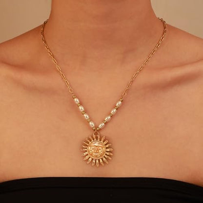 2 PCs Gold Plated Necklace Set for Women - Non Tarnish Jewelry Gift with Fashion Design - style: 2 PCs: Sun & Leaf