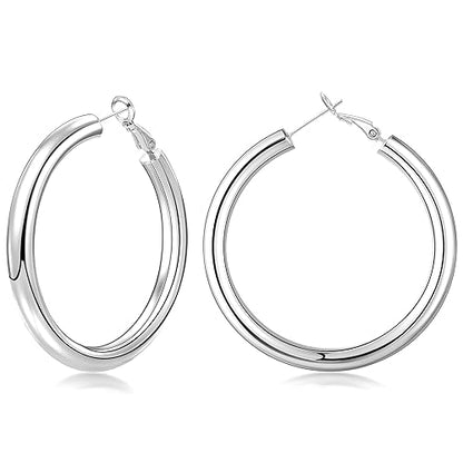 sovesi Chunky Hoop Earrings for Women, 14K Gold Plated Thick Hoops | 5mm Thick Hollow Tube Chunky Lightweight Hypoallergenic Hoop Earrings for Women - style: Silver 50MM