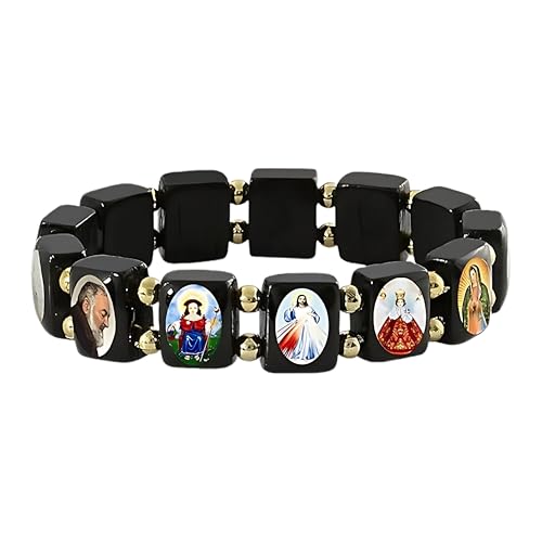 Catholica Shop Devotional Catholic Religious Wood Stretch Bracelets. Small and Large Panels with Assorted Images of Saints, Jesus and Mary. Unisex. Handcrafted in Brazil - style: Small BK Panel Gold Tone