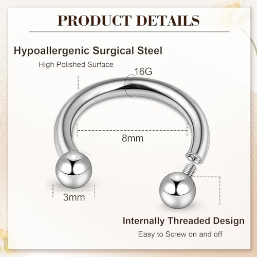 ONESING 20-30 Pcs Septum Rings 16G Septum Jewelry - Surgical Steel Piercings Horseshoe Helix Daith Smiley Tragus Lip Rings Nose Hoop Hinged Seamless Piercing Jewelry for Women Men - color: Silver/Round Ball-16G-8mm