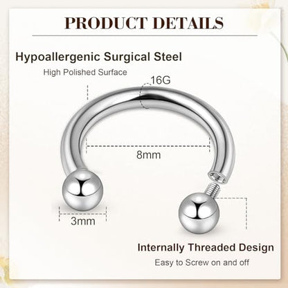 ONESING 20-30 Pcs Septum Rings 16G Septum Jewelry - Surgical Steel Piercings Horseshoe Helix Daith Smiley Tragus Lip Rings Nose Hoop Hinged Seamless Piercing Jewelry for Women Men - color: Silver/Round Ball-16G-8mm