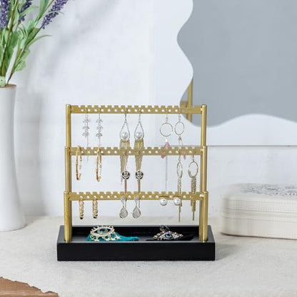 SANY DAYO HOME 3-Tier Earring Holder Organizer Stand, 105 Holes Gold Metal Earring Rack Jewelry Display Tree with Black Wood Tray for Women and Girls - color: Gold Rack Black Base