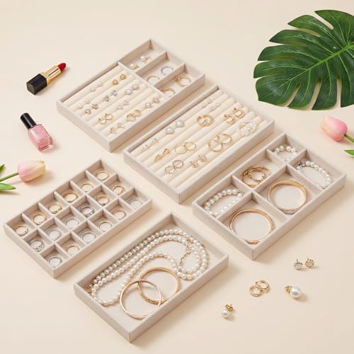 10 Pack Velvet Jewelry Trays – Stackable Drawer Organizer Inserts, Beige Jewelry Storage and Display Trays for Necklaces, Rings, Earrings & Bracelets