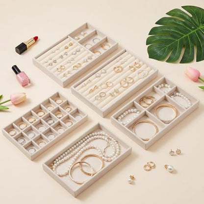 10 Pack Velvet Jewelry Trays – Stackable Drawer Organizer Inserts, Beige Jewelry Storage and Display Trays for Necklaces, Rings, Earrings & Bracelets