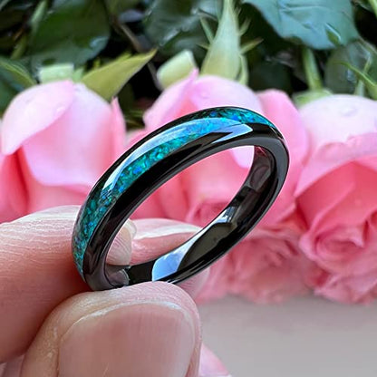 TUTISS 4mm Silver/Black Tungsten Rings for Women Men Engagement Wedding Bands Genuine Blue Green Galaxy Opal Inlay Domed Polished Comfort Fit - color: 4mm Black Tungsten Green Opal