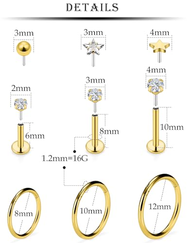 16G Lip Labret Medusa Rings Studs Internally Threaded 316L Surgical Steel Snake Bite Lip Rings Flat Back Catilage Tragus Helix Daith Earrings Piercings Jewelry for Women Men 8mm - color: 16G-6mm 8mm 10mm Bars + Hinged Clicker Ring + Gold