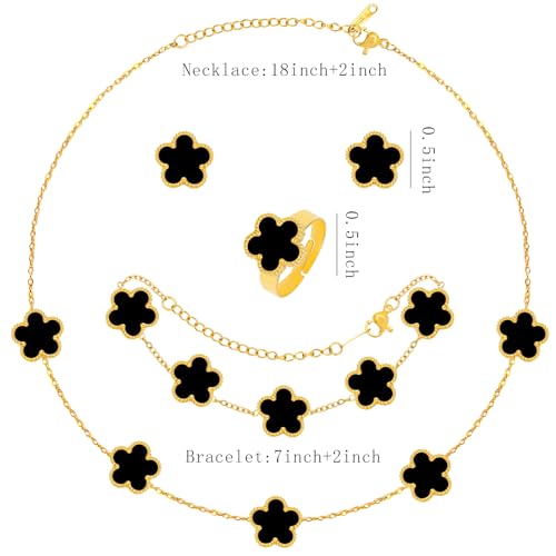 5 Pieces Lucky Clover Jewelry Set for Women Gold Jewelry Set 18K Gold Plated Flower Design Five Leaf Necklace Bracelet Ring Earrings for Women - color: Clover Black
