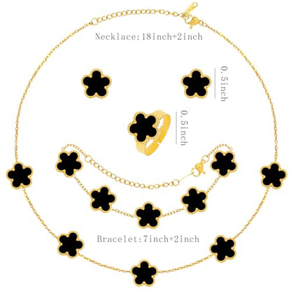 5 Pieces Lucky Clover Jewelry Set for Women Gold Jewelry Set 18K Gold Plated Flower Design Five Leaf Necklace Bracelet Ring Earrings for Women - color: Clover Black