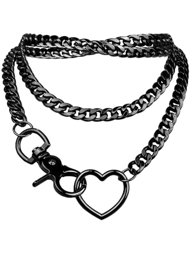 paloli Women's Slip Chain Rainbow Heart O-Ring Chunky Chain Necklace, Rays Cuban Long Layered Jewelry, Adjustable Lariat Y-Necklace Heart Loop Choker - color: E-Heart-Black-Black