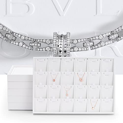 Oirlv Premium White Leather Stackable Jewelry Tray 24 Grid Jewelry Organizer Tray with Removable Inserts Cards Necklace Display Holder | 24 Necklace Pendant Sections,Removable Insert Cards,Anti-Tangle Design,Space-Saving Event Display,13.8×9.5Inch - color