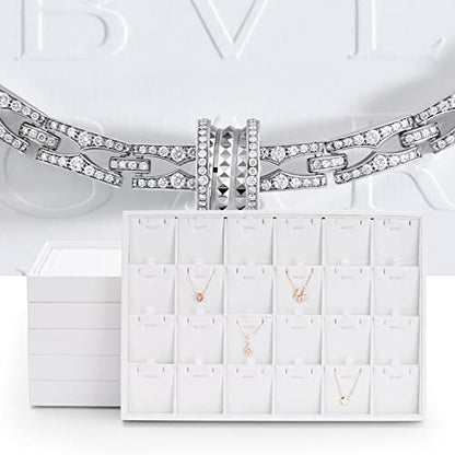 Oirlv Premium White Leather Stackable Jewelry Tray 24 Grid Jewelry Organizer Tray with Removable Inserts Cards Necklace Display Holder | 24 Necklace Pendant Sections,Removable Insert Cards,Anti-Tangle Design,Space-Saving Event Display,13.8×9.5Inch - color