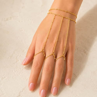 14K Gold Plated Stainless Steel Hand Chain Bracelet for Women Trendy Dainty Ring Bracelet Hand Chain Hypoallergenic Body Jewelry for Everyday Wear Cute Trendy Gifts