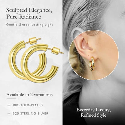 18K Gold Plated Sterling Silver Earrings for Women – Pure & Polished, Twist, Square, Hinged Tube, Abstract & Heart Shape Hoops – Lightweight, Hypoallergenic, Non-Tarnish Jewelry (Sizes: 3x35mm-46x30mm) - color: Gold, size: Polish Hoop (5x25mm)
