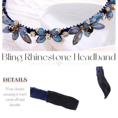 Campsis Blue Crystal Floral Hair Band Bridal Rhinestone Headband for Women | Sapphire Hair Band Jeweled Sparkly Headpiece Prom Banquet Hair Accessory