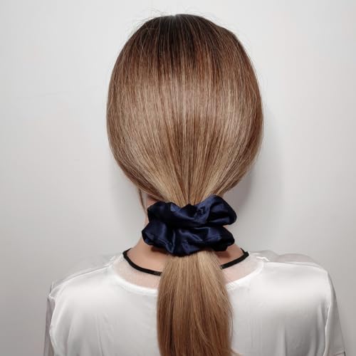 6 Pcs Satin Silk Scrunchies - Soft Hair Ties, Fashion Bands, Bows, Ropes, Elastic Bracelets, Ponytail Holders for Women and Girls (4.5 Inch, Navy Blue) - color: Navy Blue