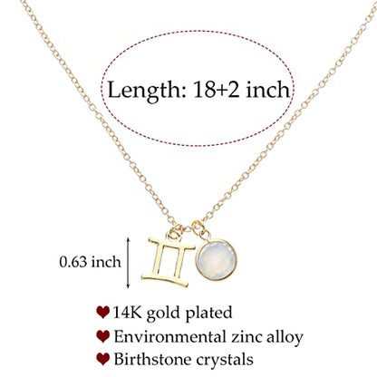 14k Gold Plated Zodiac Birthstone Crystal Pendant Necklace, Horoscope Sign Charm Necklace for Women Birthday Gift - color: Gemini-Jun.