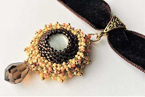 Brown Yellow Orange Beadwoven Sunburst Floral Pendant Velvet Choker Embroidered Flower Fall Autumn