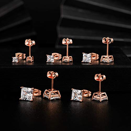 MDFUN 5 Pairs Square Earrings Set for Women Hypoallergenic 18K White Gold/Yellow Gold/Rose Gold Plated Princess Cut Clear Cubic Zirconia Stud Earring 3-7MM Pack of 5 - color: Rose Gold