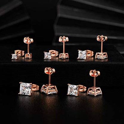 MDFUN 5 Pairs Square Earrings Set for Women Hypoallergenic 18K White Gold/Yellow Gold/Rose Gold Plated Princess Cut Clear Cubic Zirconia Stud Earring 3-7MM Pack of 5 - color: Rose Gold