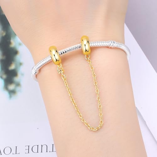 Spacer Stopper Beads for Bracelets & Necklaces, 925 Sterling Silver Beads | Smooth & Pave Cubic Zirconia (White, Blue, 18K Gold Plated) | Anti-Slide Separator Charms S925 Women Jewelry - color: Safety Chain gold simple