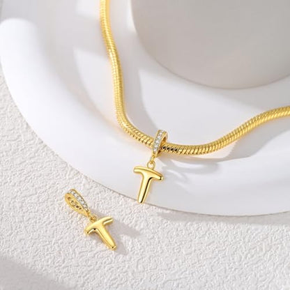 Hapour Gold Initial Letter Charms 925 Sterling Silver Alphabet Beads | 14K Gold Plated, A-Z Letter Charms, For Bracelets Necklace, Cubic Zirconia, DIY Dangle Pendant Beads, For Women Mom - color: Golden initial letter T