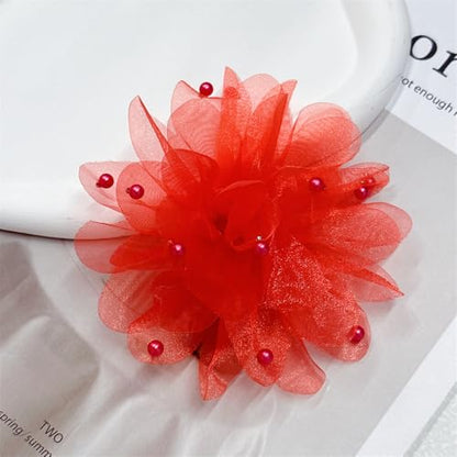 13cm/5in Beaded Mesh Flower Brooch Pin for Women Girls Dainty Round Shell Pearl Ball Beads Camellia Peony Flowers Brooches Lapel Hair Pins Elegant Wedding Anniversary Accessories Jewelry - color: Red