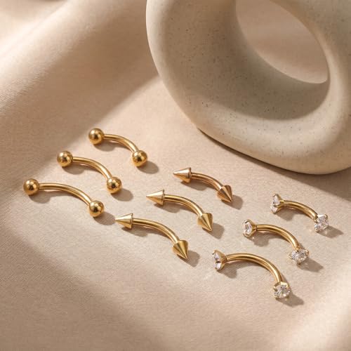 Eyebrow Piercing Jewelry, 9 Pcs Gold Jewelry Surgical Steel Curved Barbell Eyebrow Rings for Women Men CZ Tiny Labret Lip Navel Belly Button Helix Conch Daith Piercing 6mm/8mm/10mm
