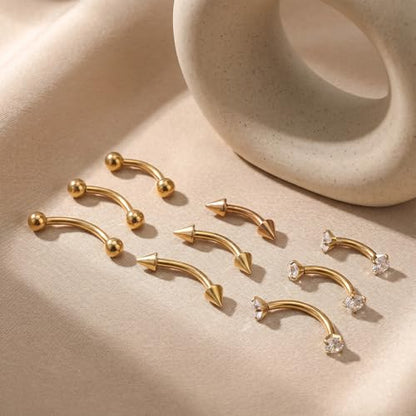 Eyebrow Piercing Jewelry, 9 Pcs Gold Jewelry Surgical Steel Curved Barbell Eyebrow Rings for Women Men CZ Tiny Labret Lip Navel Belly Button Helix Conch Daith Piercing 6mm/8mm/10mm