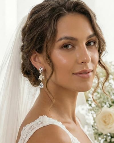 Pearl Earrings - 14K Gold/White Gold/Rose Gold Plated Cubic Zirconia CZ Diaomond Accented Pearl Drop Dangle Earrings for Women Wedding Bridal Prom - color: Gold Teardrop Design