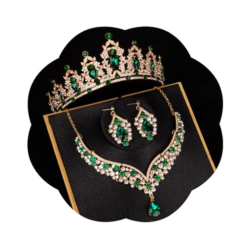 Crowns and Tiaras jewelry sets for Wedding princess birthday party Halloween Prom Pageant Jewelry for Women Crystal Bridal Jewelry Set for women - color: Gold Green