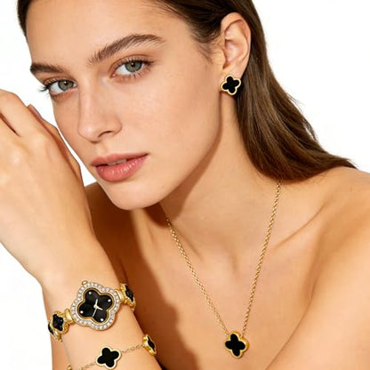 5 Pieces Lucky Clover Jewelry Set for Women Gold Jewelry Set 18K Gold Plated Flower Design Five Leaf Necklace Bracelet Ring Earrings for Women - color: Clover Black Watch