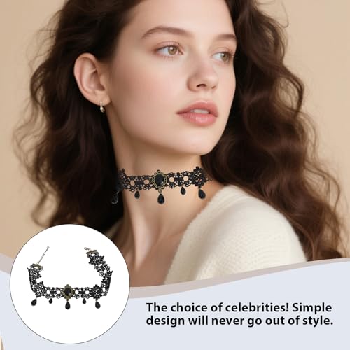 Gothic Choker Necklace, Black Lace Choker with Crystal Pendant for Women, Witch Style Adjustable Collar Gothic Halloween and Vampire Themed Vintage Thick Neck Jewelry Accessories