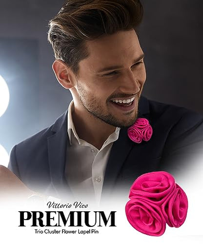 Premium Trio Cluster Flower Lapel Pin - Formal Boutonniere for Men, Flower Brooch Pin - color: Hot Pink